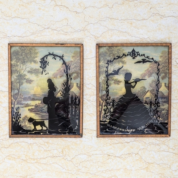 Vintage Other - Vintage Bubble Convex Glass Silhouette Shadow Art Small Pair With Lady Dog Birds